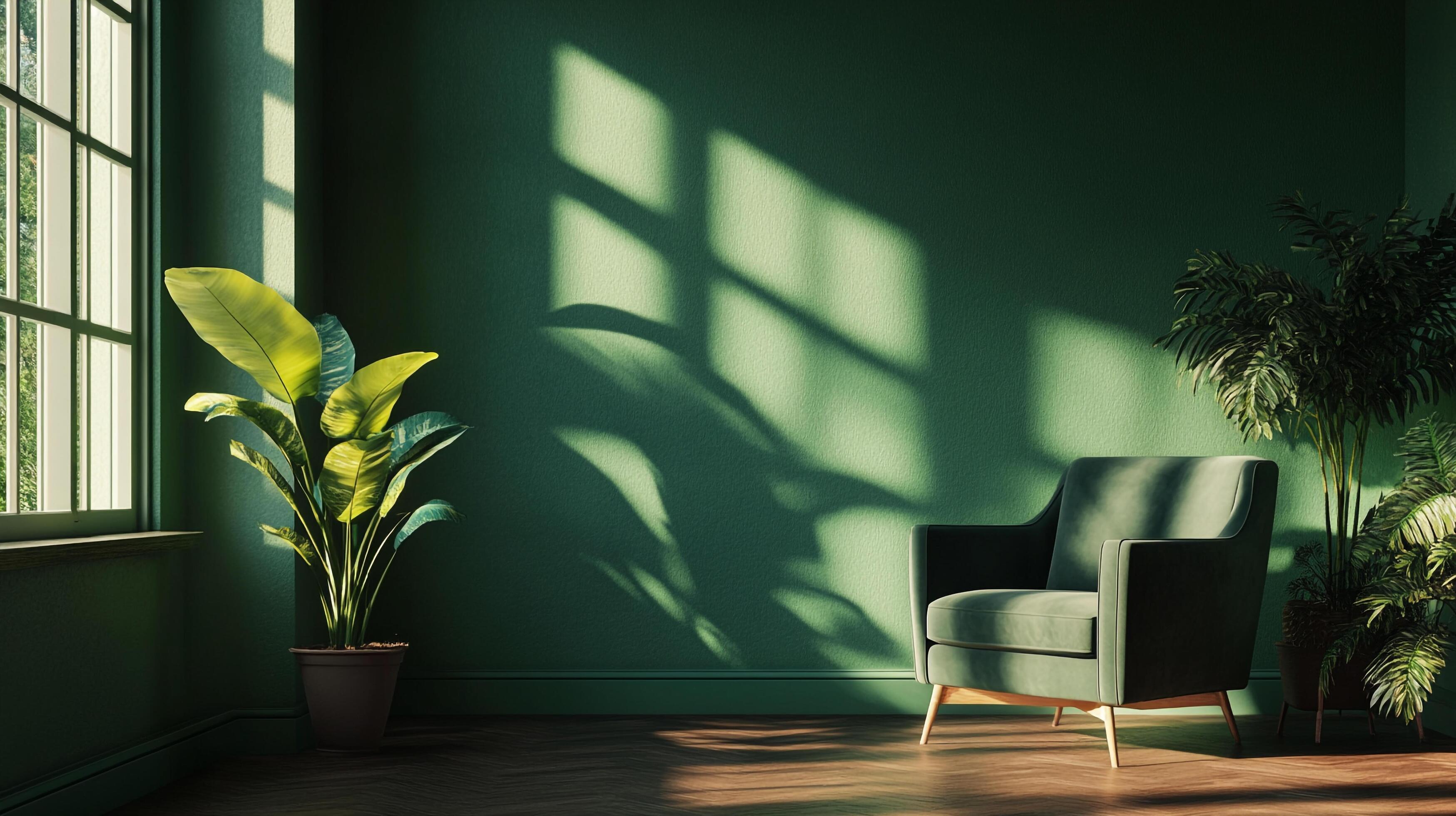 Modern elegant interior design with plants, chair and natural light