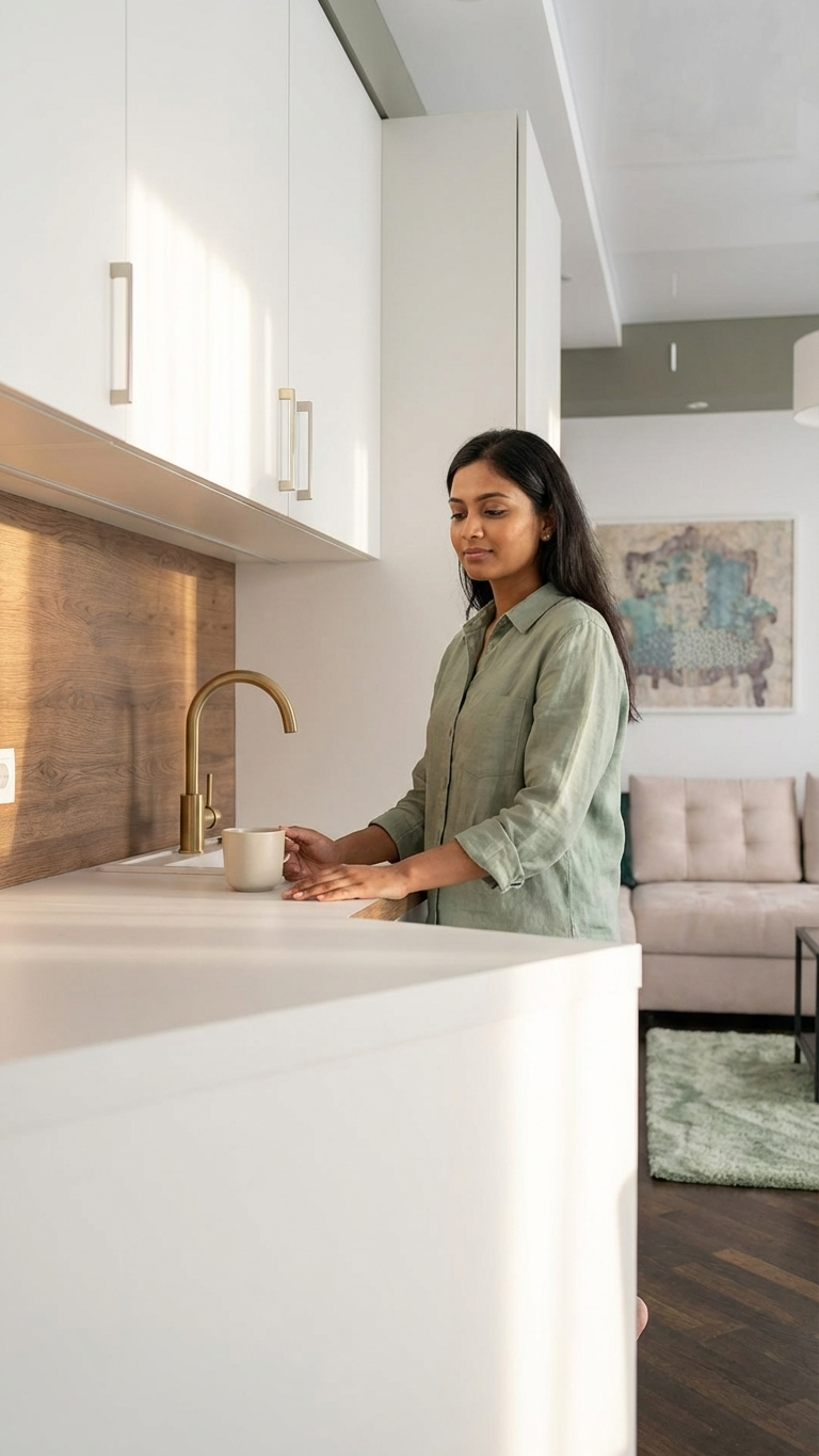 Modern elegant interior design with plants, chair and natural light